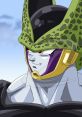 Close-up of Perfect Cell with a confident expression, showcasing his iconic green head and purple accents against a blue sky.