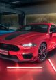 Sleek red Ford Mustang in a modern garage with vibrant neon lighting, showcasing its sporty design and powerful presence.