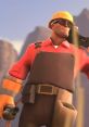 Engineer from Team Fortress 2 wearing a hard hat, holding tools, ready for construction in a rugged landscape.