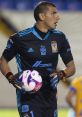 Emmanuel Moreno in goalkeeper gear holds a soccer ball, showcasing his skills on the field for Tigres UANL.