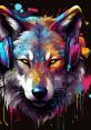 Colorful wolf art wearing headphones, vibrant splashes of paint create a dynamic and engaging musical theme. Perfect for Sprutzli fans!