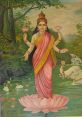 Goddess Lakshmi stands gracefully on a lotus, surrounded by nature, representing prosperity and abundance.