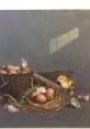 Basket of eggs with a yellow chick, feathers, and straw, showcasing a serene farm scene inspired by Nyart Cruzeley.