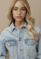 Blonde model in stylish denim jacket and glasses, showcasing modern fashion trends with a neutral backdrop.