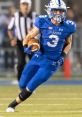 Alex Kemper in blue football uniform, sprinting with the ball during a St. Xavier game under stadium lights.