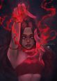 Cata nan character wielding red magic, with a captivating gaze and expressive hands in a dark, mystical environment.