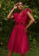 Elegant model poses in a vibrant red ruffled dress surrounded by lush greenery, showcasing bold fashion and style.