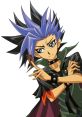 Yuto Mine showcasing his signature card pose, featuring blue spiky hair and stylish attire. A character from anime series.