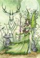 Faery with green gown and wings stands beside a mystical deer, set in a vibrant forest scene inspired by Faerys Del Araj.