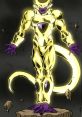 Lord Frieda in an intense transformation, showcasing golden and purple features, emanating powerful energy.