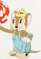 Cartoon mouse in blue overalls, wearing a crown and holding a red lobster, embodying whimsical character design.