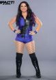 Nevaeh Collins poses confidently in a purple wrestling outfit with fishnet tights, showcasing her vibrant personality and style.