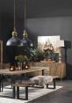 Stylish dining room featuring Stanislas Buffet design elements, rustic wood furniture, and modern lighting accents.