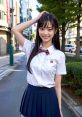 Smiling student in a school uniform poses on a city street, showcasing youthful energy and vibrant urban lifestyle.