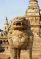 Stone lion statue at ancient temple, showcasing intricate carvings and historic architecture. Cultural heritage in focus.