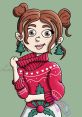 Cute cartoon character with brown hair and festive sweater, featuring hearts and winter theme, perfect for ClaireB fans.