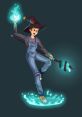 Young wizard in overalls conjuring blue flame magic, surrounded by a glowing water effect, showcasing creative fantasy art.