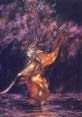 Mystical warrior wielding a sword, adorned in vibrant orange, set against a backdrop of blooming cherry blossoms.