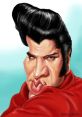 Colorful caricature of Elvis Brunell NATOU with iconic hairstyle and bold red outfit, showcasing a playful artistic interpretation.