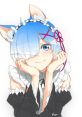 Cheerful character with blue hair and cat ears, styled in a playful outfit, embodying the spirit of "zero meow" aesthetics.