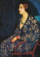 Portrait of a woman in a patterned blue dress, featuring a green necklace, by artist Arto van Dongen, showcasing expressionism.