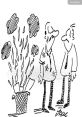 Two men discussing a quirky cartoon plant sprouting wildly from a basket in a humorous scene. Perfect for cartoon enthusiasts.