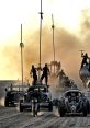 High-octane chase featuring modified vehicles and armored figures in a dust storm, inspired by Mad Max: Fury Road's post-apocalyptic action.