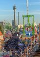 Vibrant kermis scene featuring a bustling crowd, funfair rides, and iconic skyline landmarks under a clear blue sky.