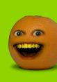 Annoying Orange character with exaggerated eyes and mouth, set against a vibrant green background. Fun and quirky design.