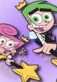 Cosmo and Wanda from "Fairly OddParents" joyfully flying with wands, surrounded by stars and sparkles on a colorful background.