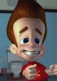 Jimmy Neutron, the boy genius, smiles and gestures playfully in a colorful bathroom setting.