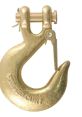 Golden lifting hook with a safety latch, designed for heavy-duty applications in construction and rigging equipment.