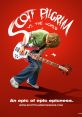 Scott Pilgrim rocking out with his bass guitar against a vibrant red background, featuring iconic movie branding.