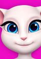 Close-up of My Talking Angela character, showcasing her playful expression and vibrant blue eyes against a pink background.