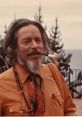 Alan Watts smiling outdoors, sporting a pipe, colorful tie, and stylish shirt, surrounded by lush greenery.