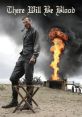 Daniel Plainview stands defiantly amidst flames, embodying greed and ambition in "There Will Be Blood.