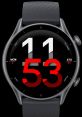 Black smartwatch displaying time, date, calories burned, and power metrics, showcasing the sleek design of Slice Wtr3.