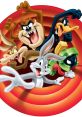 Bugs Bunny, Daffy Duck, Taz, and Marvin the Martian celebrate in a classic Looney Tunes logo background. Cartoon fun!