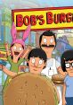 Bob's Burgers family celebrates with burgers in front of their iconic restaurant sign, showcasing fun and humor.