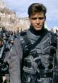 Heroic soldier in sci-fi armor, part of the iconic Starship Troopers squad, ready for battle against alien threats.