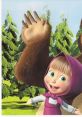 Masha joyfully waves with the Bear in a vibrant forest scene from "Masha and the Bear," capturing their friendship.