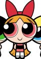 Blossom from the Powerpuff Girls, featuring her signature pink dress and red bow, surrounded by Bubbles and Buttercup.