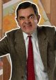 Mr. Bean making a funny face, wearing a brown suit and red tie, surrounded by art in a comical scene.