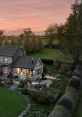 Charming countryside cottage with a lush garden, framed by trees and a stunning sunset sky in the background.