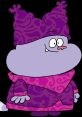 Chowder character wearing a vibrant purple outfit with a whimsical hairstyle, set against a black background.