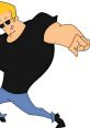 Johnny Bravo striking a playful pose in a black shirt and sunglasses, showcasing his signature muscular look and iconic style.