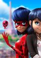 Ladybug and Tikki pose together, showcasing their vibrant costumes against a Parisian backdrop in "Miraculous Ladybug.