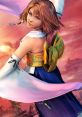 Yuna from Final Fantasy X, showcasing her signature outfit against a colorful sunset backdrop. Iconic character design.