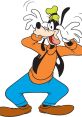 Goofy making a funny face, wearing an orange shirt and blue pants, showcasing his playful and goofy personality.