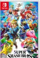 Super Smash Bros Ultimate game cover featuring Mario, Link, and various iconic Nintendo characters battling together.